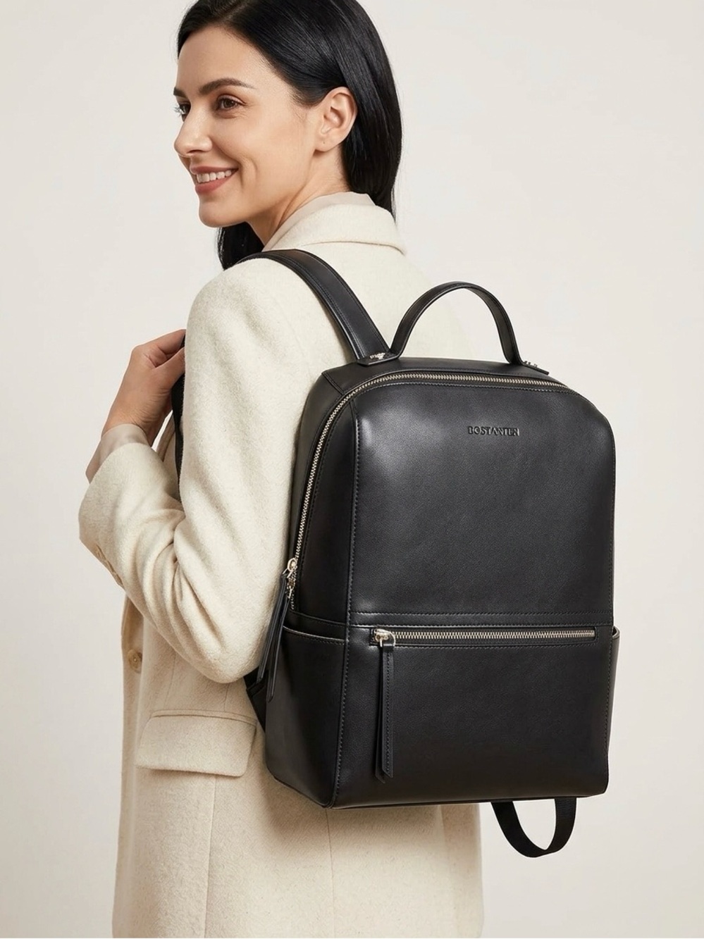 BOSTANTEN Black Genuine Leather Laptop Backpack Work bag Office Career Chic